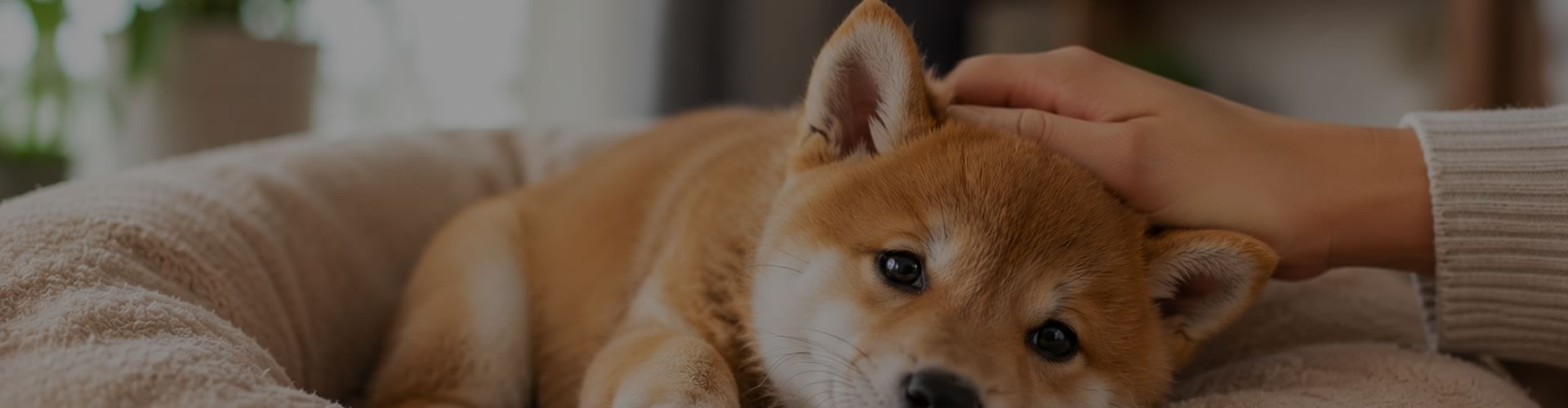 Jeune chiot Shiba Inu LOF profitant d'un moment de calme et de complicité avec son propriétaire