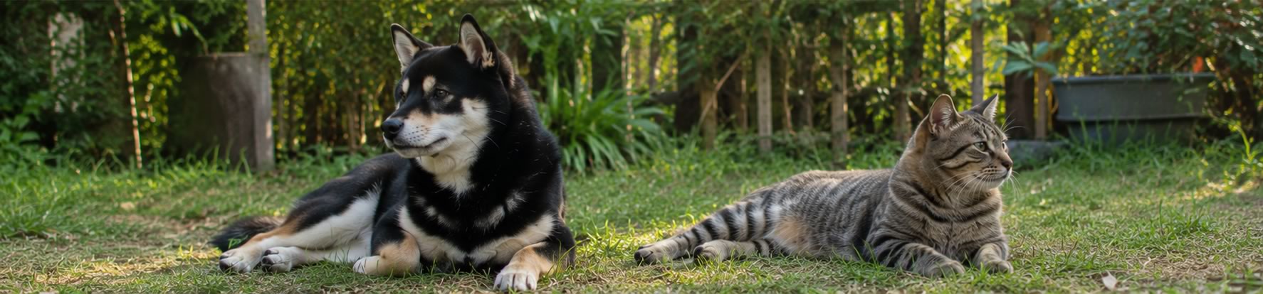 Shiba Inu noir et feu partageant un moment calme avec un chat adulte dans un jardin