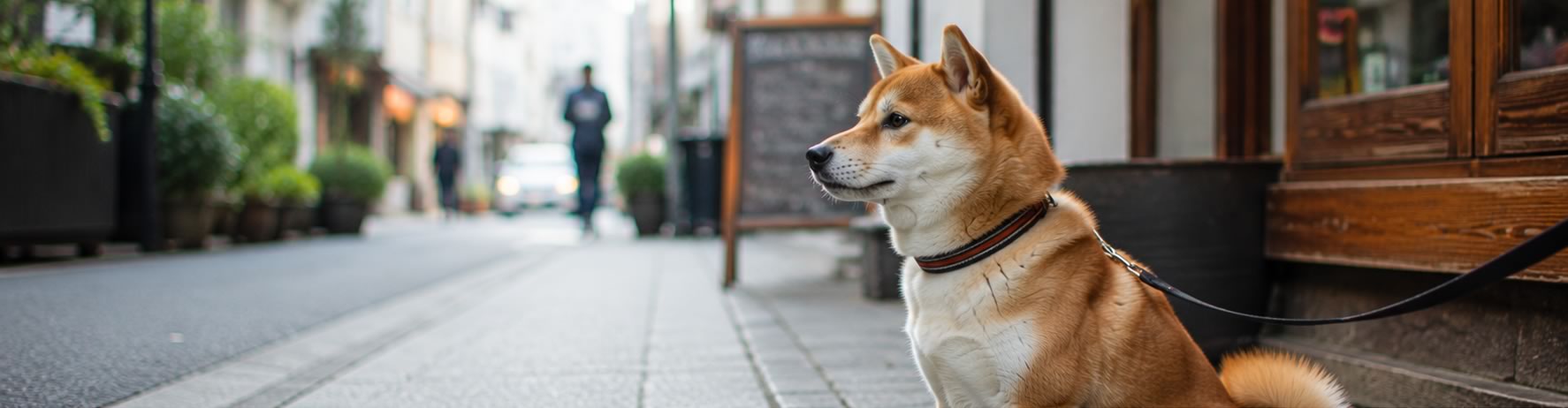 Shiba Inu adulte observant son environnement dans une rue calme en ville